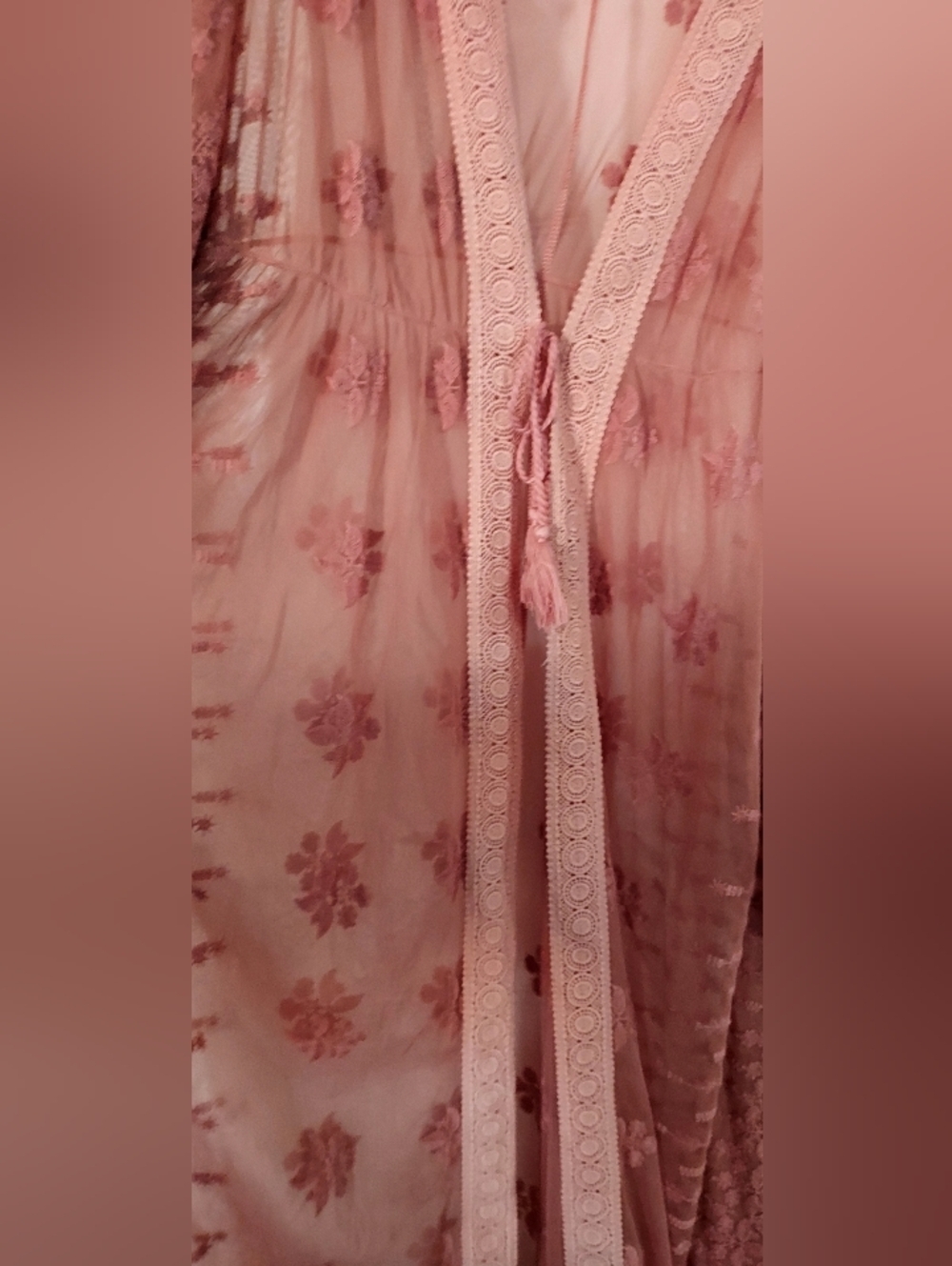 VENUS Sheer Lace-Trim Kimono in Coral Pink - Picture 4 of 4